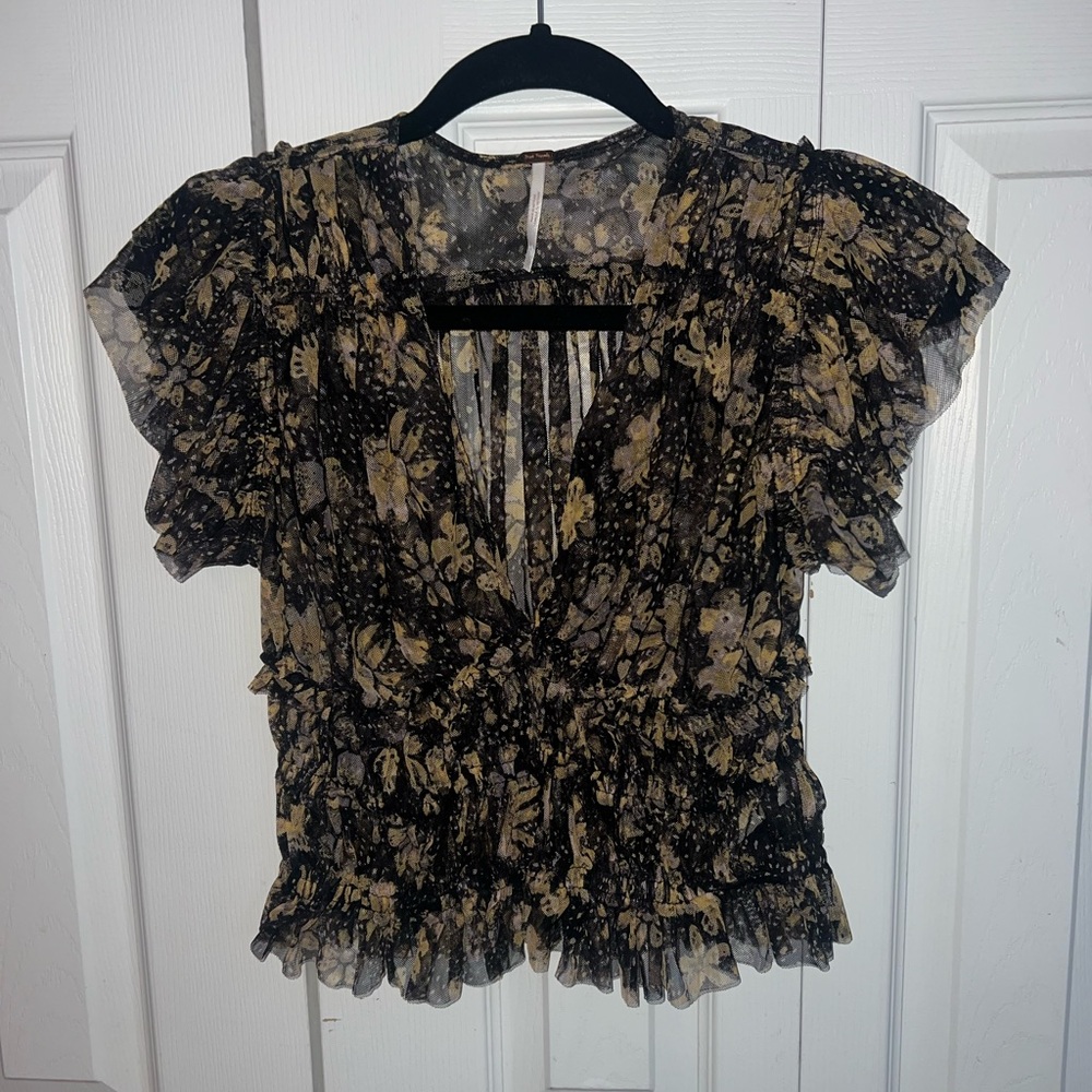Free People Black and Yellow Floral Blouse